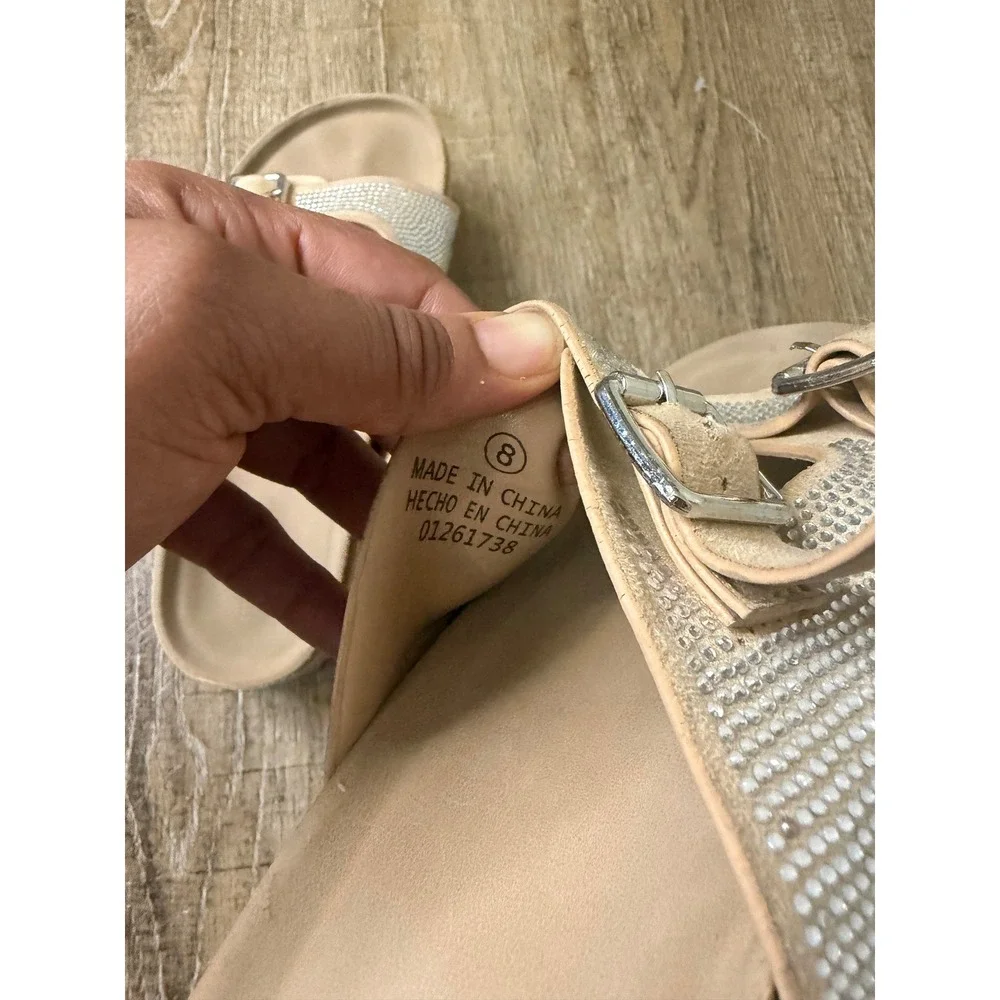 Forever 21 Rhinestone Platform Slide Sandals Tan Beige Double Buckle Size 8
